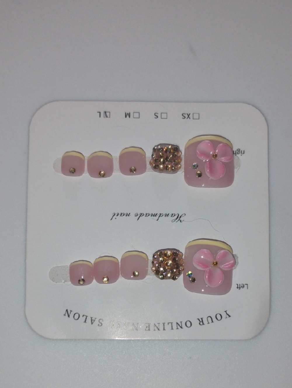 Pink Floral Press-On Toe Nails with Rhinestone Accent